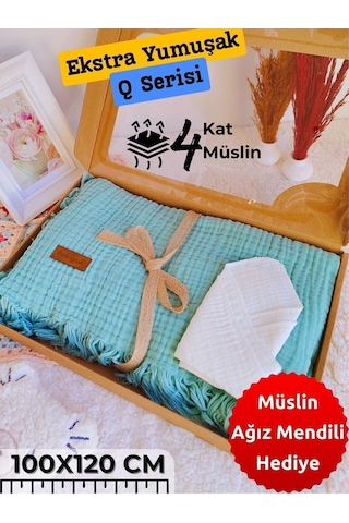 4 Kat Müslin Mint Yeşil Saçaklı Bebek Battaniyesi 100x120 Cm- %100 Pamuklu & Çok Amaçlı Battaniye Mint