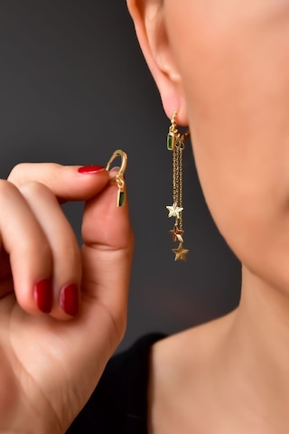 925 Ayar Gümüş Gold Kaplama Tekli Üçlü Zincir Yıldız Ve Yeşil Baget Taşlı Halka Küpe Yıldız Gold