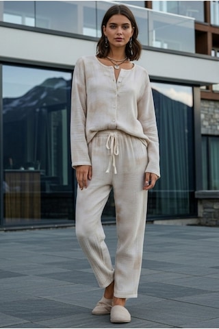 Combattente Exclusive Products Organik Müslin 2'li Takım - Kadın Pijama - Gömlek Takım- Naturel Doğal-oeko Tex Sertifikalı Kumaş Ekru