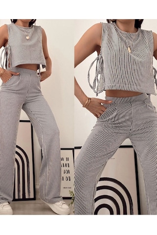 Hgfashion Siyah Çizgili Yandan Bağlamalı Sıfır Kol Crop Pantolon Kadın Alt-üst Takımı Siyah Beyaz