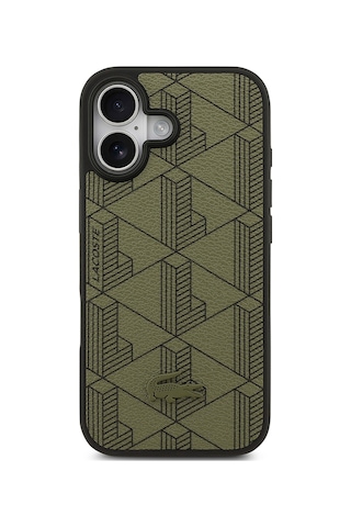 Apple Uyumlu iPhone 17 Kılıf Lacoste Lisanslı M-safeli Pu Deri Tasarımlı Kartlıklı Karışık Monogram Kapak Yeşil Yeşil