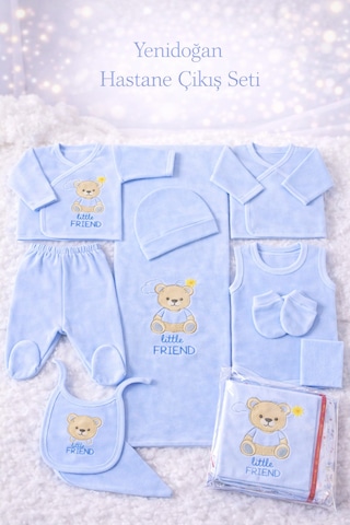 Petino Little Friend 10 Parça Yenidoğan Erkek Bebek Hastane Çıkış Seti %100 Pamuk Mavi Ayıcıklı Battaniyeli Premium Set Bebe Mavisi