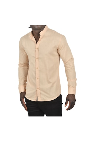 Deepsea Erkek Bej Hakim Yaka Flamlı Keten Gömlek Bej