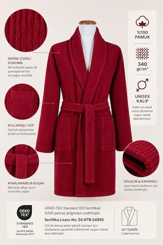 Bordo Çizgili Bornoz %100 Sertifikalı Pamuk Şal Yaka Unisex Banyo Bornoz / Sabahlık 340 Gr/m2 Bordo Renk