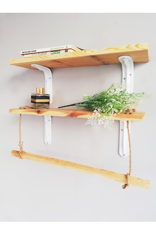 Halatlı Ahşap Dekoratif Duvar Rafı 50x11 Cm, Metal Beyaz Ayaklı