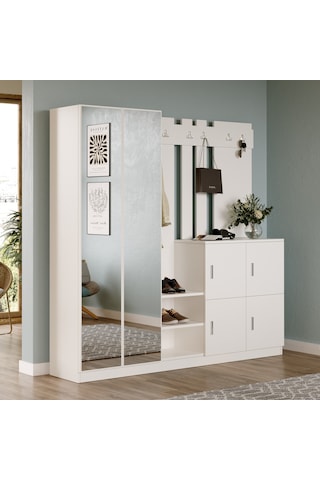 Robin Home Nova Aynalı Vestiyer Portmanto Ayakkabılık Beyaz