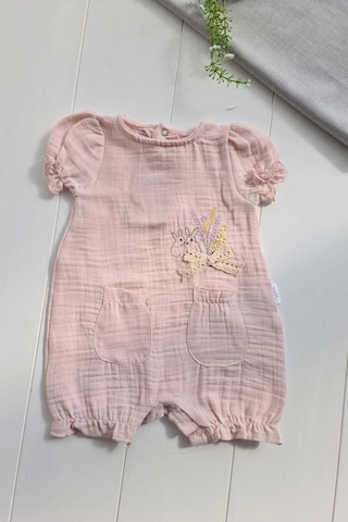 Müslin Kumaş Çiçek Nakışlı Pamuklu Kız Bebek Tulum Pembe