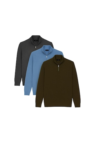 Tudors Erkek 3'lü Paket Haki-füme-mavi Slim Fit Dar Kesim Fermuarlı Dik Yaka Triko Kazak-41536 Çok Renkli