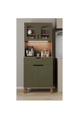 Ae-9001 Barista Atlantik Çam/haki Yeşil Çok Amaçlı Kahve Köşesi Mutfak Kiler Dolabı Cam Kapaklı Ledli Çekmeceli 79,6 X 40 X 195,8 Cm Atlantik Çam - Yeşil