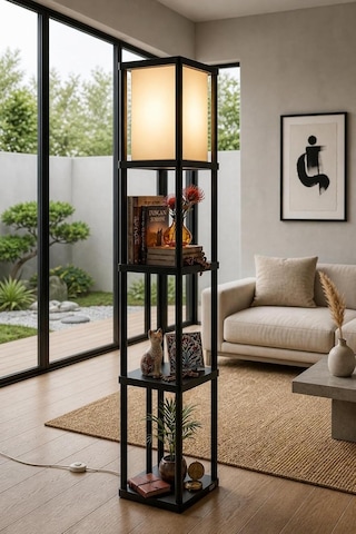 Dekoratif Raflı Lambader Siyah, 135 Cm Modern Sehpalı Lambader, E27 Duy Uyumlu, 23x23 Cm Raflı Diğer