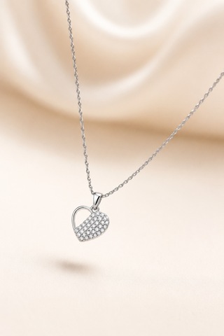 Balenbi Jewelry Kadın Taşlı Kalp Figürlü Gümüş Renk Kararmaz Çelik Kolye 1157