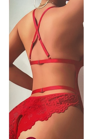 Noctissirius Kırmızı Jartiyer Detaylı Dantelli Fantazi Bodysuit Ve Bacak Bantlı Fantezi Gecelik Takımı