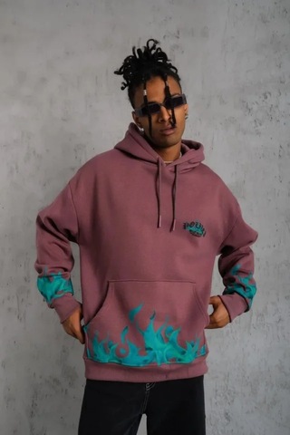 Veraura Lifestyle Erkek Üç İplik Içi Pamuklu Alev Baskılı Kapüşonlu Sweatshirt - Gül Kurusu Gülkurusu
