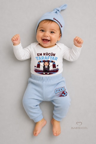 Babyden's %100 Pamuk Bebek Takımı Bordo Mavi En Küçük Taraftar Baskılı 3'lü Yenidoğan Bebek Takımı Uzun Kollu Body Pantolon Şapka Set