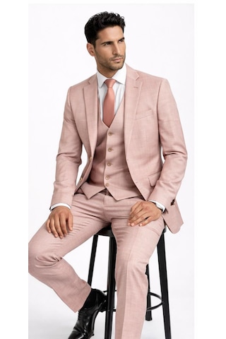 Fabio Cassel Slim Fit Mono Yaka Çift Yırtmaçlı Astarlı Takım Elbise Yelekli Pudra