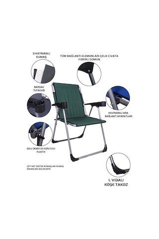 Alin Metal 2''li Lüks Bardaklı Kamp Sandalyesi Ve Masa Set Yeşil Yeşil