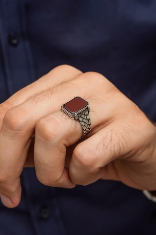 Kare Akik Taşlı Kazaz Örgü Motif 925 Gümüş Erkek Yüzük Beyaz