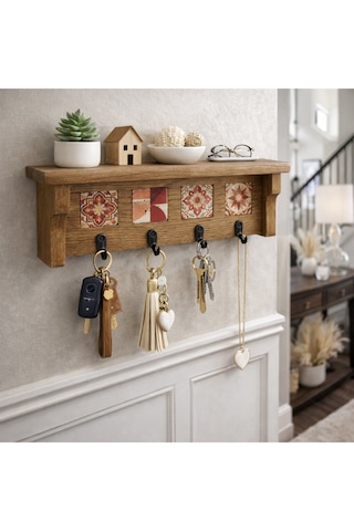 4 Askılı Doğaltaş Dekorlu Ahşap Duvar Düzenleyici Giriş Holü Anahtarlığı, Mutfak Ve Banyo Duvar Rafı 35x12-4 Asklılı