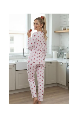 Siyah İnci Mevsimlik İnce Bisiklet Yaka Örme Pijama Takım 7979 Çilek Desenli