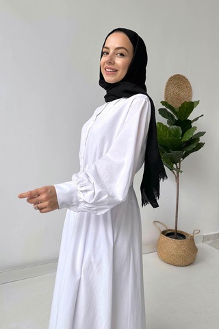 Manşetli Gömlek Elbise - Beyaz