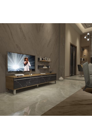 Decoraktiv Eko 4 Mdf Std Krom Ayaklı Tv Ünitesi Tv Sehpası Pera - Siyah Mermer