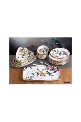 Flora 28 Parça 6 Kişilik Seramik Pasta Kahvaltı Katlı Kurabiyelik Sunum Tabağı Tabak Takımı Seti Beyaz