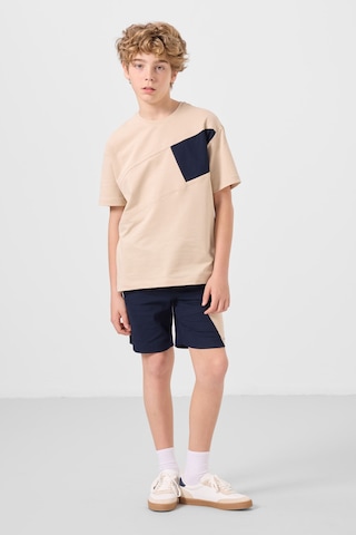Bej-lacivert Pamuklu Oversize Fit Dokuma Hafif Esnek Chino Erkek Çocuk Şort Takım - 11275 Bej