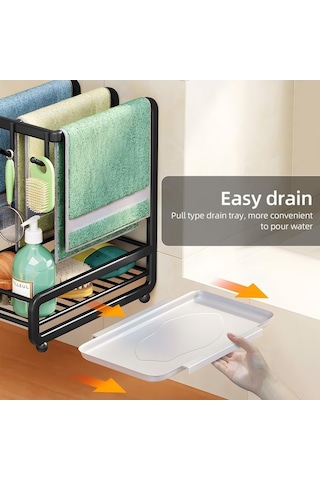 Pazly İşlevsel Mutfak Lavabo Organizatörü, Karbon Çelik, Duvara Monte/tezgah, Havlu Rafları, Sünger Tutucu, Siyah, 28x24,5x14 Cm Siyah