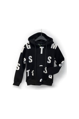 Çocuk Harf Baskılı Şardonlu Kapuşonlu Sweatshirt-15195 Siyah