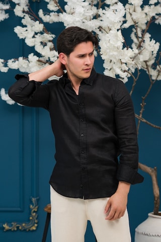 Paul Martin Regular Fit Gizli Düğmeli Yaka %100 Linen Ham Keten Gömlek SİYAH