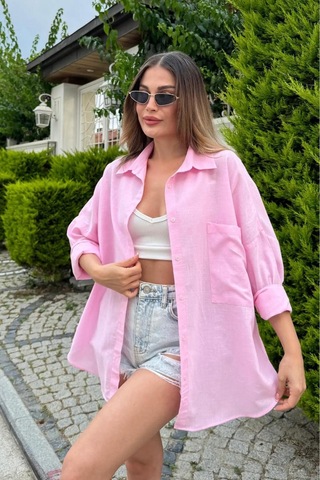 Rouge Basıc Oversize Keten Dokulu %100 Pamuk Salaş Gömlek Pembe