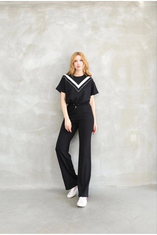 Modasize Osy Modal Yumuşak Dokulu Kumaş Bisiklet Yaka Parçalı Detaylı Kısa Kollu Takım - Siyah Siyah