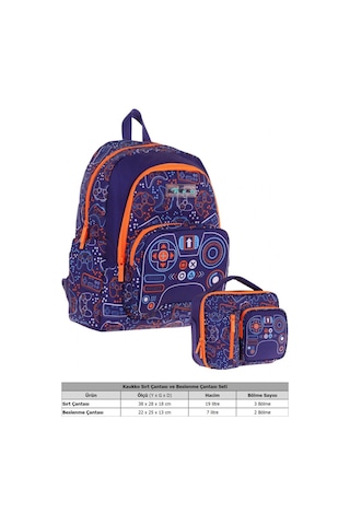 Kaukko Kids Oyun Temalı Erkek Çocuk Lacivert Turuncu Okul Çantası Ve Beslenme Çanta Takımı Lacivert