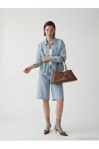 Lcw Vision İndigo Gömlek Yaka Oversize Kadın Jean Ceket