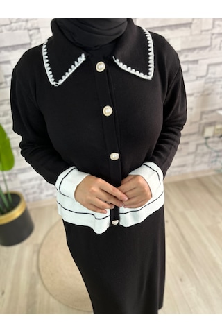 İnci Düğme Detaylı Triko İkili Takım Siyah Beyaz Siyah - Beyaz