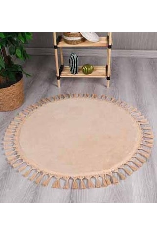 Modern Dekoratif Yuvarlak Puffy Peluş Ponpon Saçaklı Salon Oturma Odası Halısı Bej