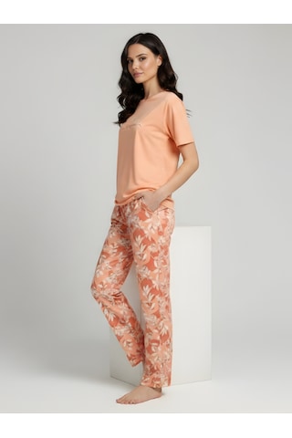 Kadın Kısa Kollu Desenli Pijama Takım Turuncu