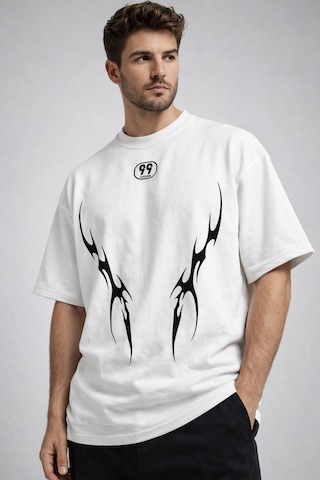 Yolo Street Oversize Siyah Erkek Tişört Tribal Baskı %100 Pamuk Premium Kalın Kumaş Streetwear Beyaz