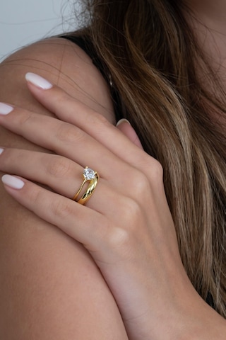 Takı Dükkanı Gold Renk 4mm Gümüş Alyans Ve Gümüş Tektaş Yüzük Seti Wsr120