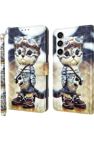 Samsung Galaxy Uyumlu S23 Fe İçin Pu Deri Telefon Kılıfı Cüzdan Standı 3d Desen Baskı Folyo Kapak Kayışlı