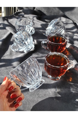 6'lı Cam Çay Bardağı Kulplu Ayaklı Çay Kupası Bardak 205 Ml- Mercan Şeffaf