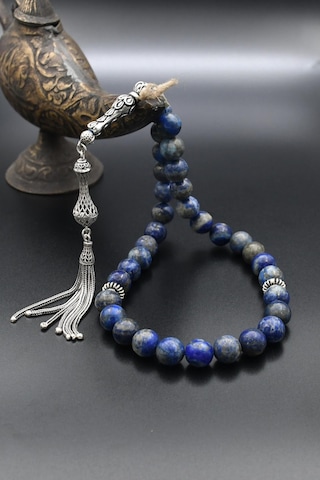 33'lük Doğal Lapis Lazuli Taşlı Tesbih 925 Ayar Gümüş Püsküllü 10mm Küre Kesim
