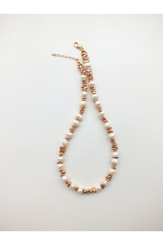 Hematit Taşlı İnci Kolye Beyaz - Rose Gold