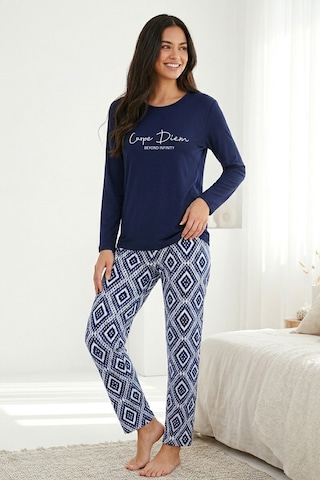 Aura Collections Kadın Desenli Bambu Viskon Uzun Kollu Soft Örme Mevsimlik Pijama Takımı Lacivert