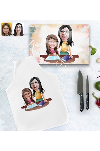 Kişiye Özel Anne Kız Karikatürlü Mutfak Önlüğü Ve Cam Kesme Tabla