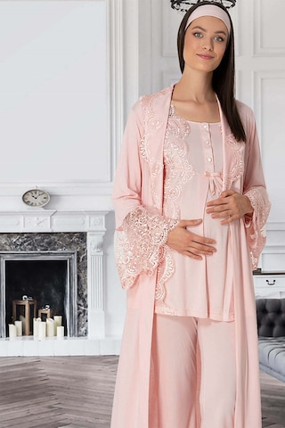 Mecit Pijama 5353 Sandra Dantelli Yaka Sabahlıklı Lohusa Pijama Takımı 001