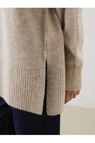 Lcw Modest Ekru Dik Yaka Oversize Kadın Triko Tunik
