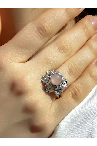 Esha Store Doğal Taş Pembe Kuvars Doğal Taşlı Çiçek Model Telkari Kadın Ayarlanabilir Gümüş Kaplama Yüzük Euy61 Pembe