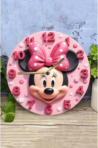 Minnie Mouse Temalı Pembe Mdf Duvar Saati 3d Görünümlü, Sessiz Mekanizmalı, 2d Hd Baskı Sdw235 Renkli