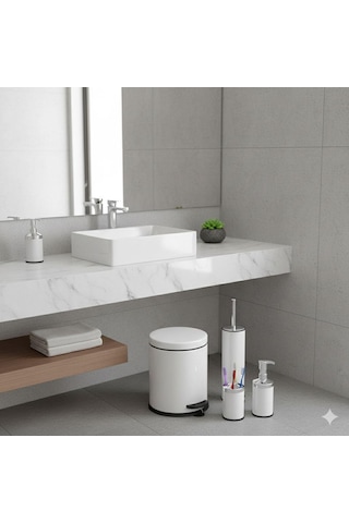 Vinoks Eko Serisi 4' Lü Banyo Seti Çöp Kovası+kolozet Fırçası+sabunluk+fırçalık Beyaz Renkli